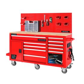 Heavy-Duty 62 in. 10-Drawer Red Tool Chest Mobile Workbench Cabinet with Pegboard Back Wall Red