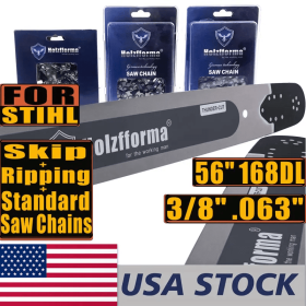 Holzfforma 56Inch 3/8".063"168 Drive Links Solid Guide Bar Full Chisel Saw Skip Ripping Chain Combo