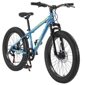 S24109 24 Inch Fat Tire Bike Adult-Youth Full Shimano 7 Speeds Mountain Bike, Dual Disc Brake, High-Carbon Steel Frame, Front Suspension, Mountai (Color: Green)